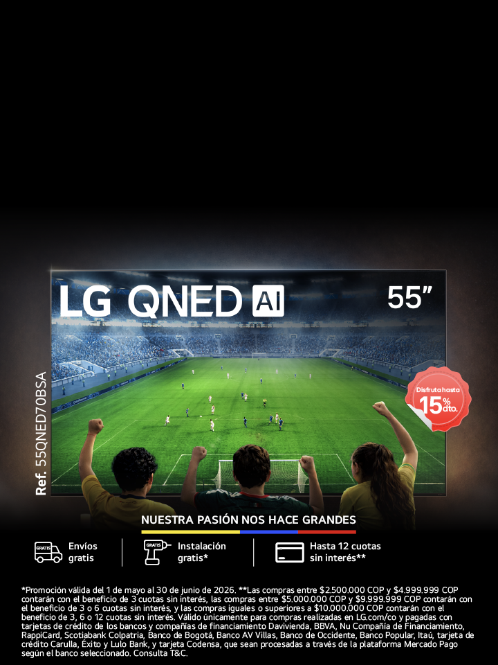 Tv lg en fondo negro con infill 3 personas de espaldas con los brazos arriba